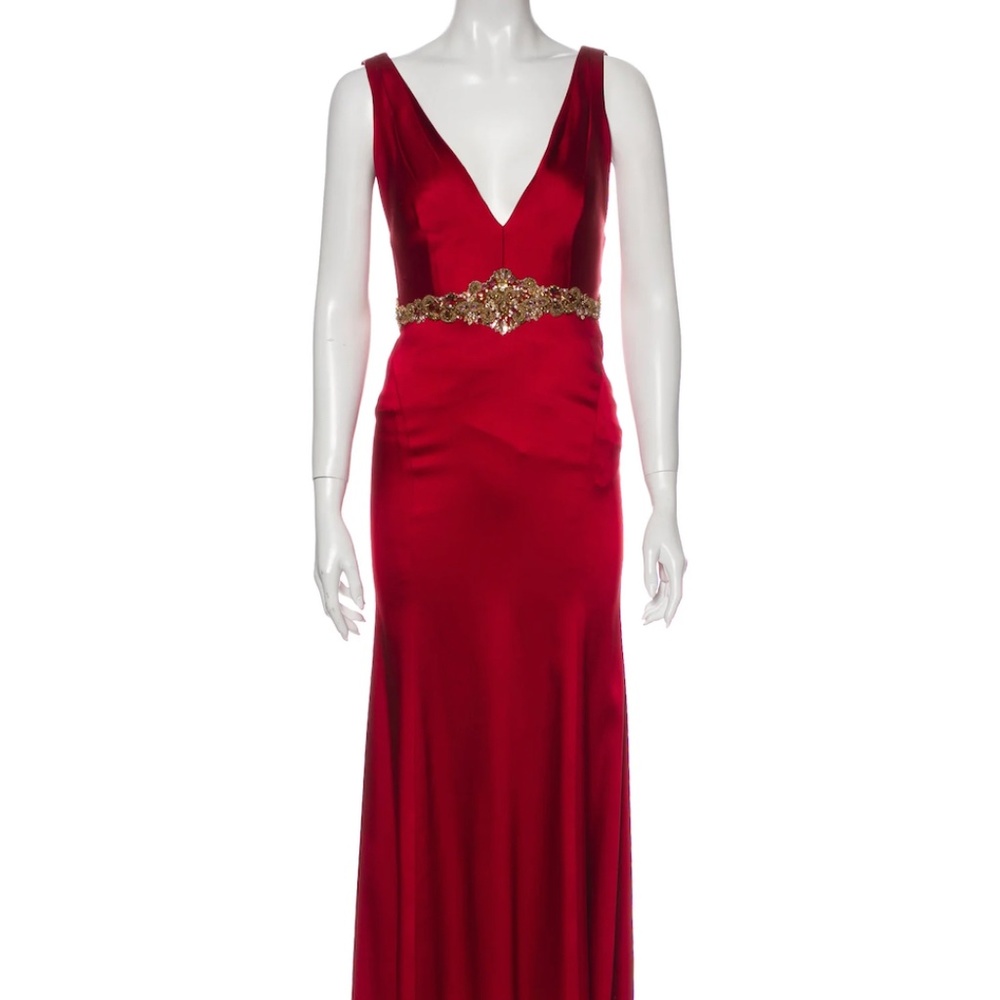 Marchesa Notte Red Satin Evening gown with Beaded Waist